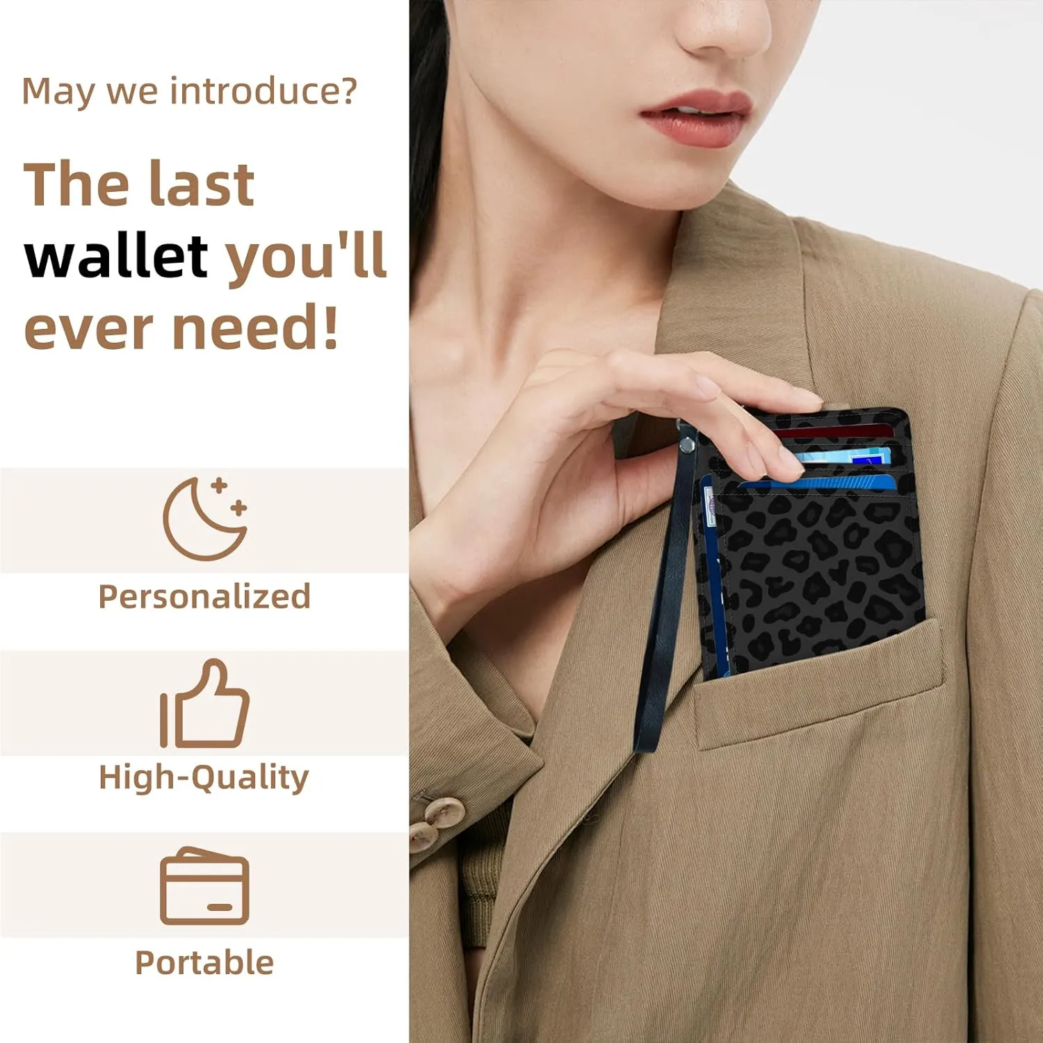Credit Holder Slim Wallet, PU Leather RFID Blocking, Women & Men Front Pocket Black Leopard print Small Card Holder, Credit Card Wallet with Wristlet, Convenient Travel Business