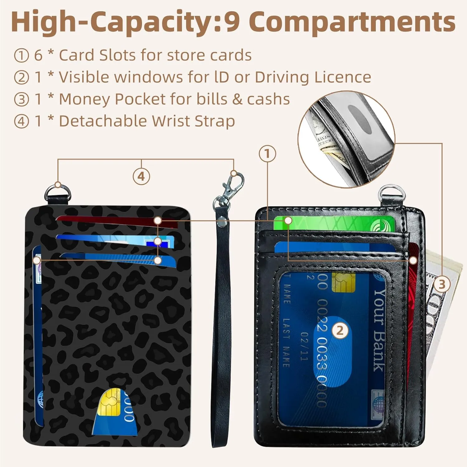 Credit Holder Slim Wallet, PU Leather RFID Blocking, Women & Men Front Pocket Black Leopard print Small Card Holder, Credit Card Wallet with Wristlet, Convenient Travel Business