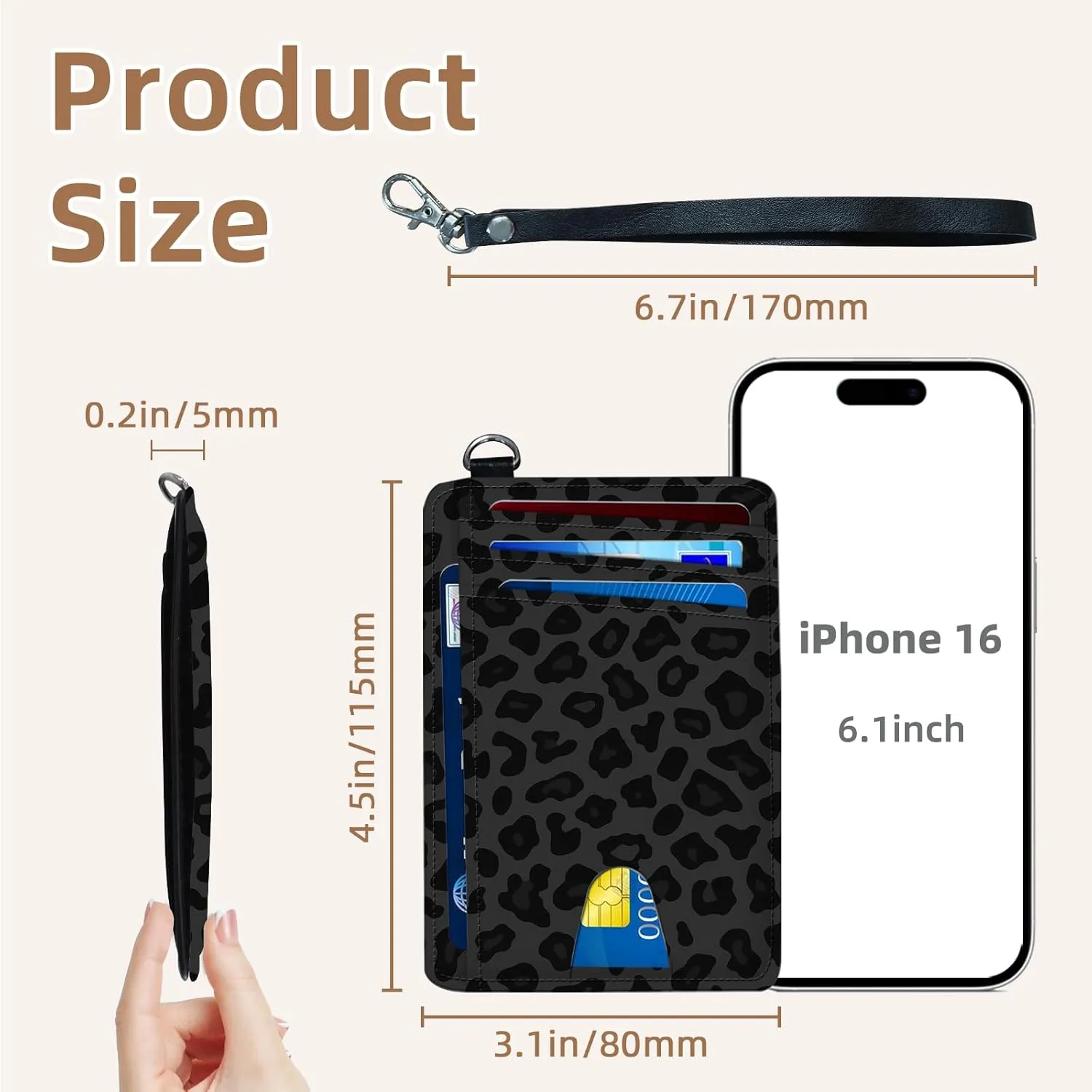 Credit Holder Slim Wallet, PU Leather RFID Blocking, Women & Men Front Pocket Black Leopard print Small Card Holder, Credit Card Wallet with Wristlet, Convenient Travel Business