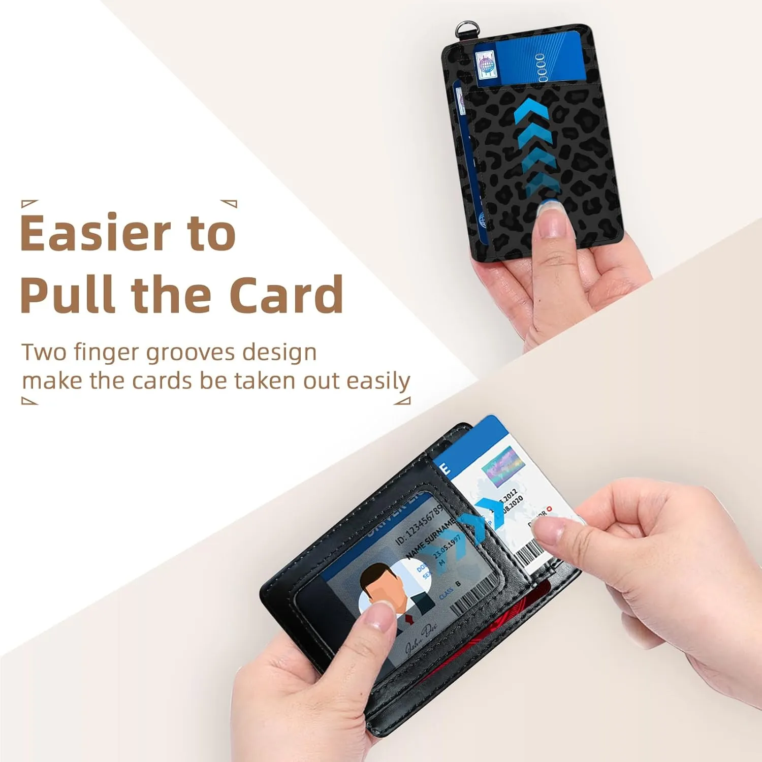 Credit Holder Slim Wallet, PU Leather RFID Blocking, Women & Men Front Pocket Black Leopard print Small Card Holder, Credit Card Wallet with Wristlet, Convenient Travel Business