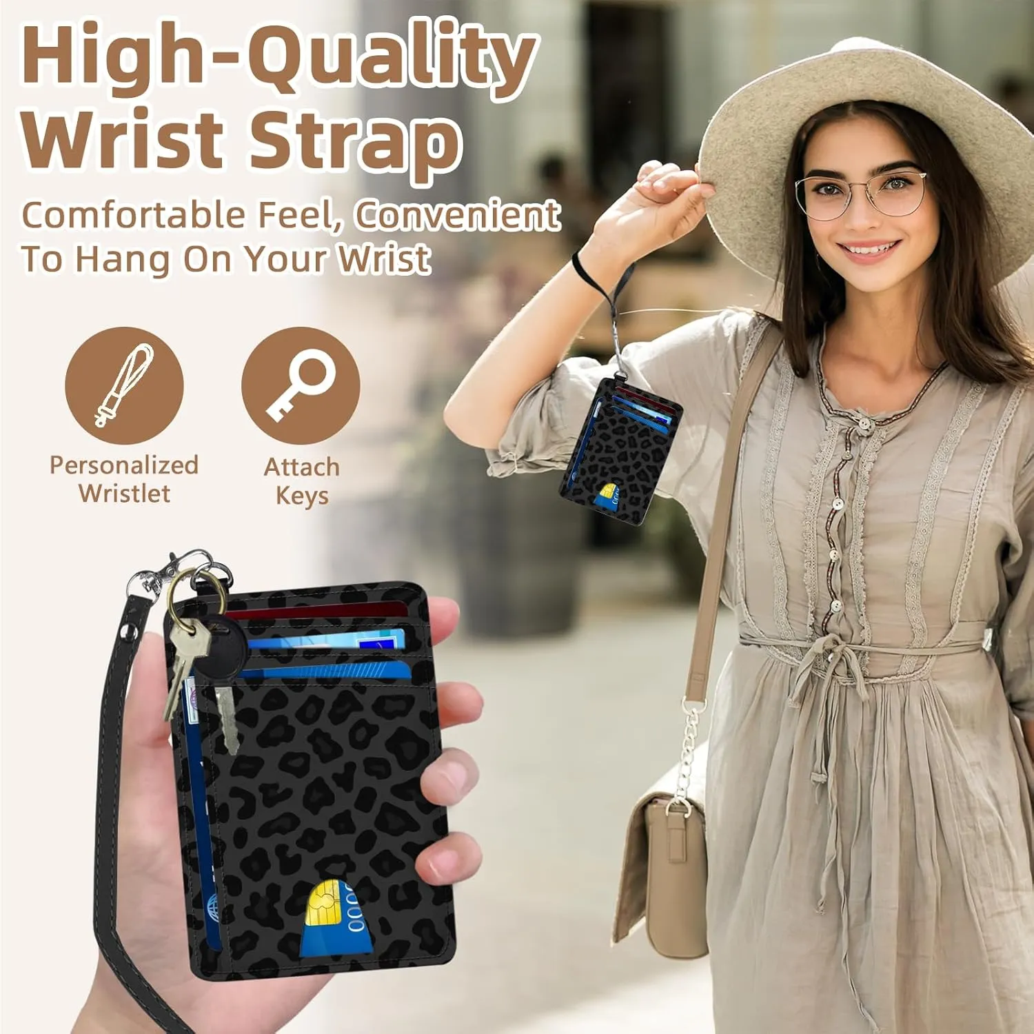 Credit Holder Slim Wallet, PU Leather RFID Blocking, Women & Men Front Pocket Black Leopard print Small Card Holder, Credit Card Wallet with Wristlet, Convenient Travel Business