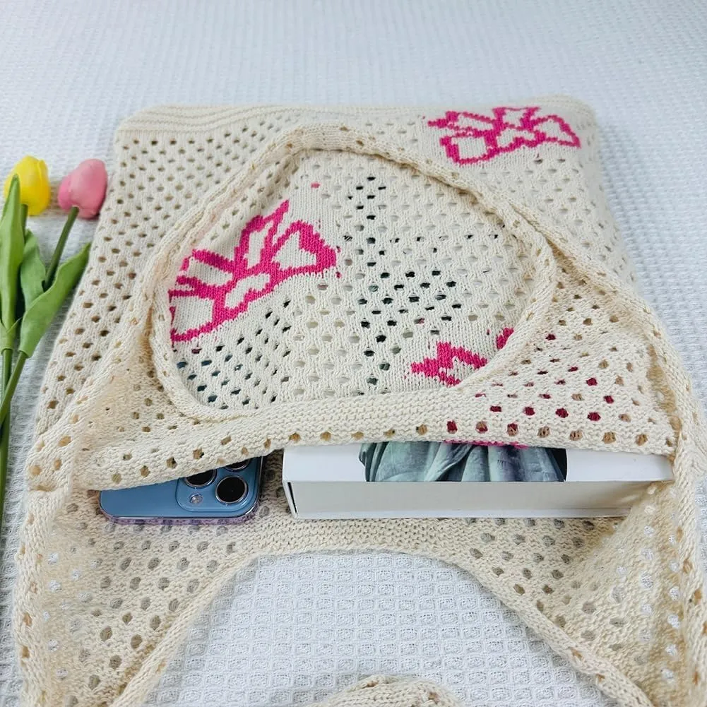 Crochet Bag Bow Purse for Women Coquette Aesthetic Hobo Bag Cute Shoulder Handbag Knitted Flower Printed Heart Tote Bag