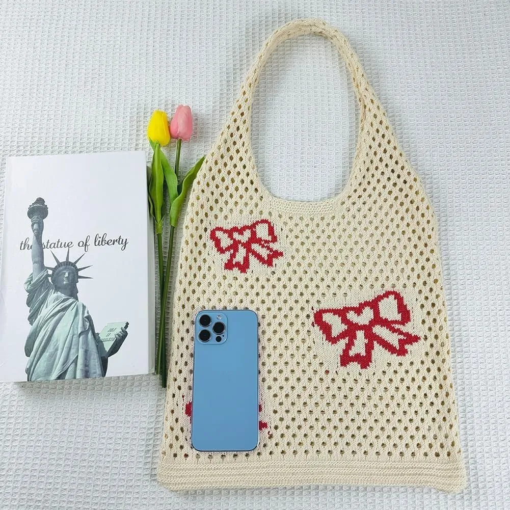 Crochet Bag Bow Purse for Women Coquette Aesthetic Hobo Bag Cute Shoulder Handbag Knitted Flower Printed Heart Tote Bag