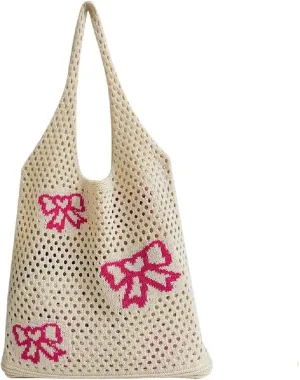 Crochet Bag Bow Purse for Women Coquette Aesthetic Hobo Bag Cute Shoulder Handbag Knitted Flower Printed Heart Tote Bag