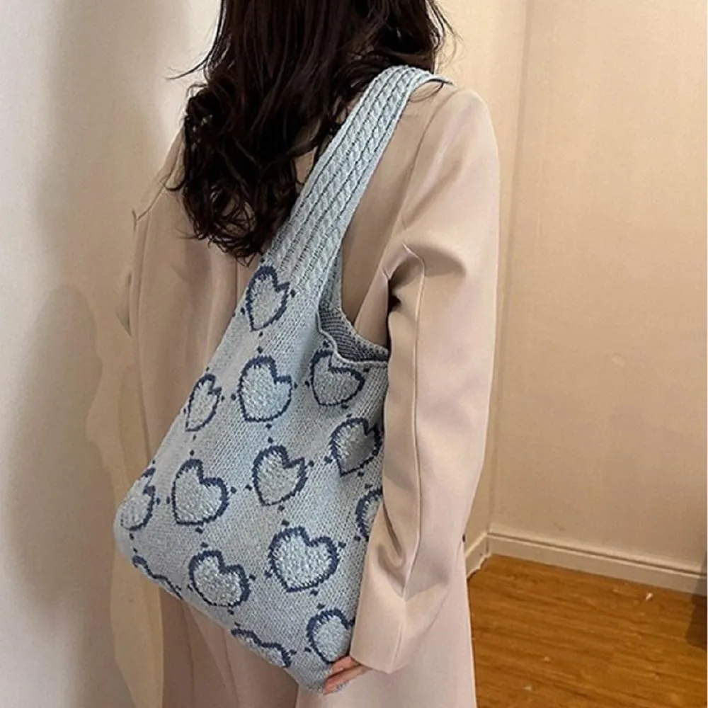 Crochet Bag Bow Purse for Women Coquette Aesthetic Hobo Bag Cute Shoulder Handbag Knitted Flower Printed Heart Tote Bag