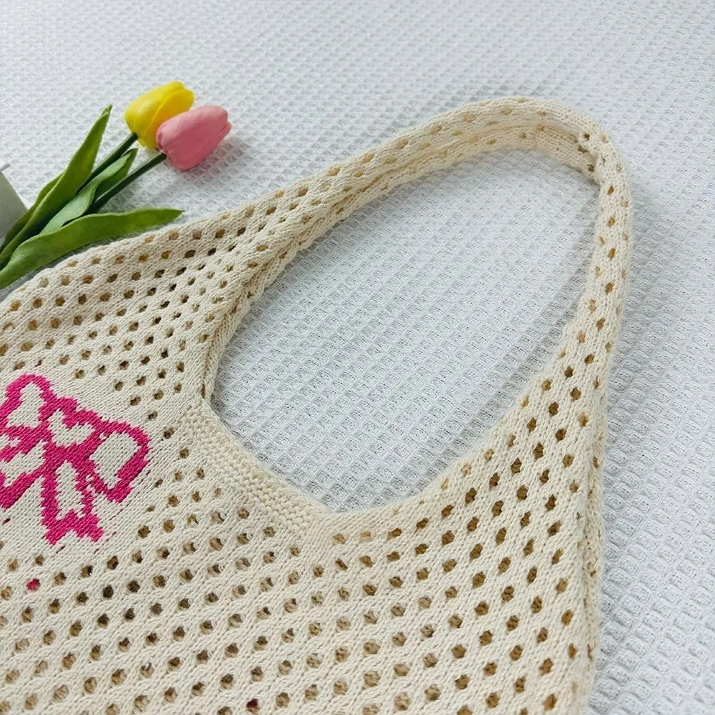 Crochet Bag Bow Purse for Women Coquette Aesthetic Hobo Bag Cute Shoulder Handbag Knitted Flower Printed Heart Tote Bag