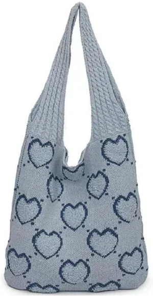 Crochet Bag Bow Purse for Women Coquette Aesthetic Hobo Bag Cute Shoulder Handbag Knitted Flower Printed Heart Tote Bag