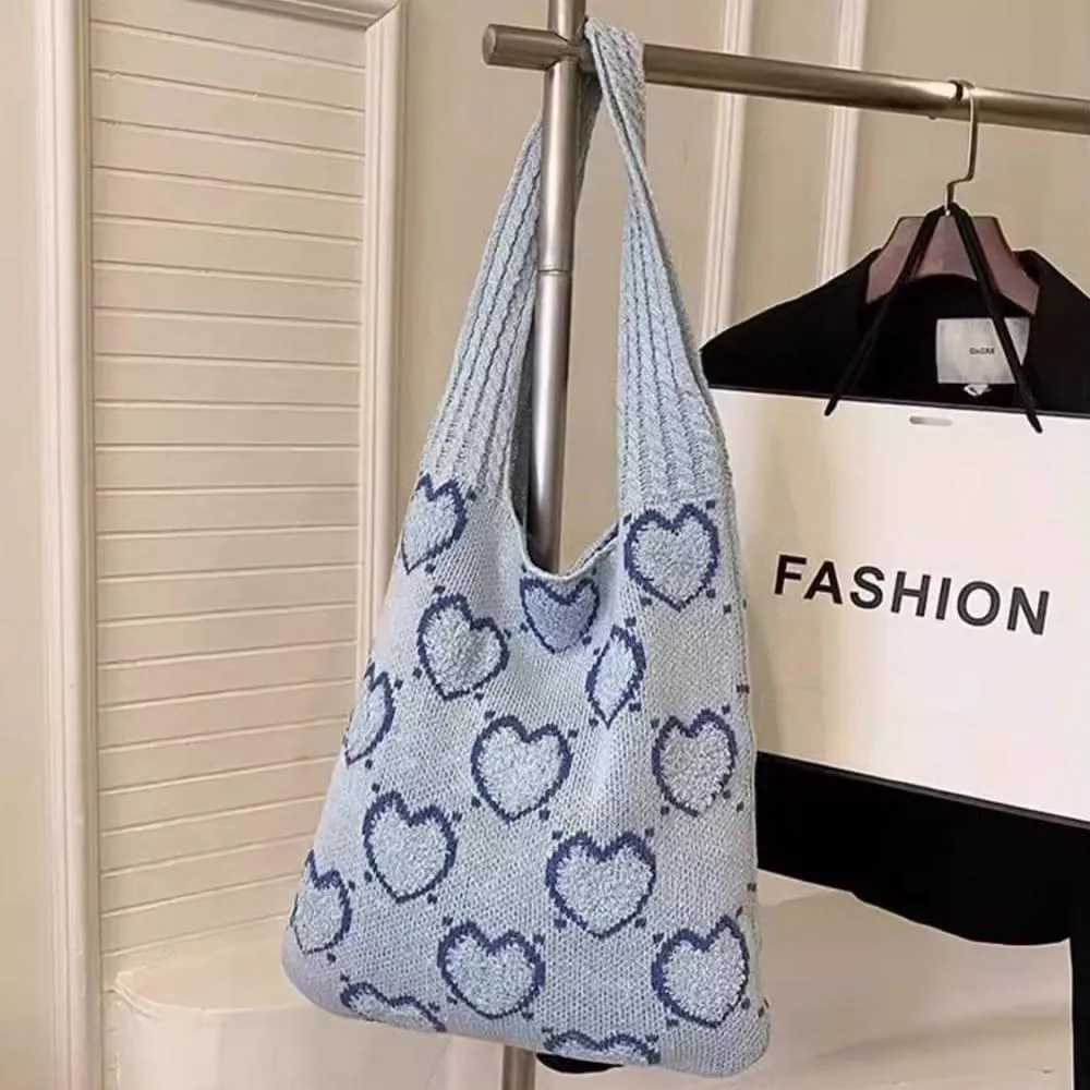 Crochet Bag Bow Purse for Women Coquette Aesthetic Hobo Bag Cute Shoulder Handbag Knitted Flower Printed Heart Tote Bag