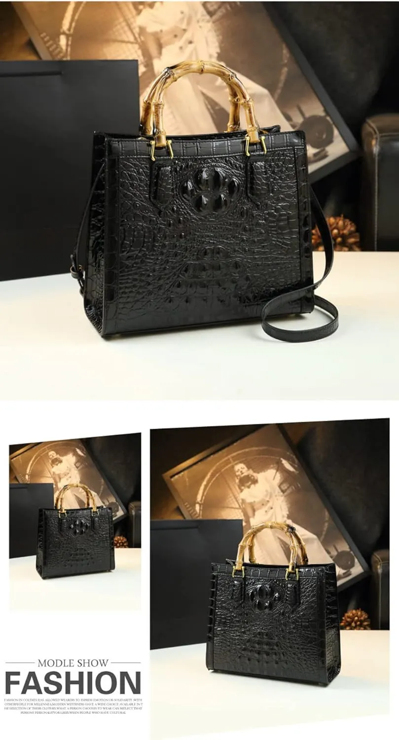 Crocodile Pattern Leather Women's Bag Bamboo Top-Handle Satchel Handbags Portable Tote Bag Shoulder Messenger Bags