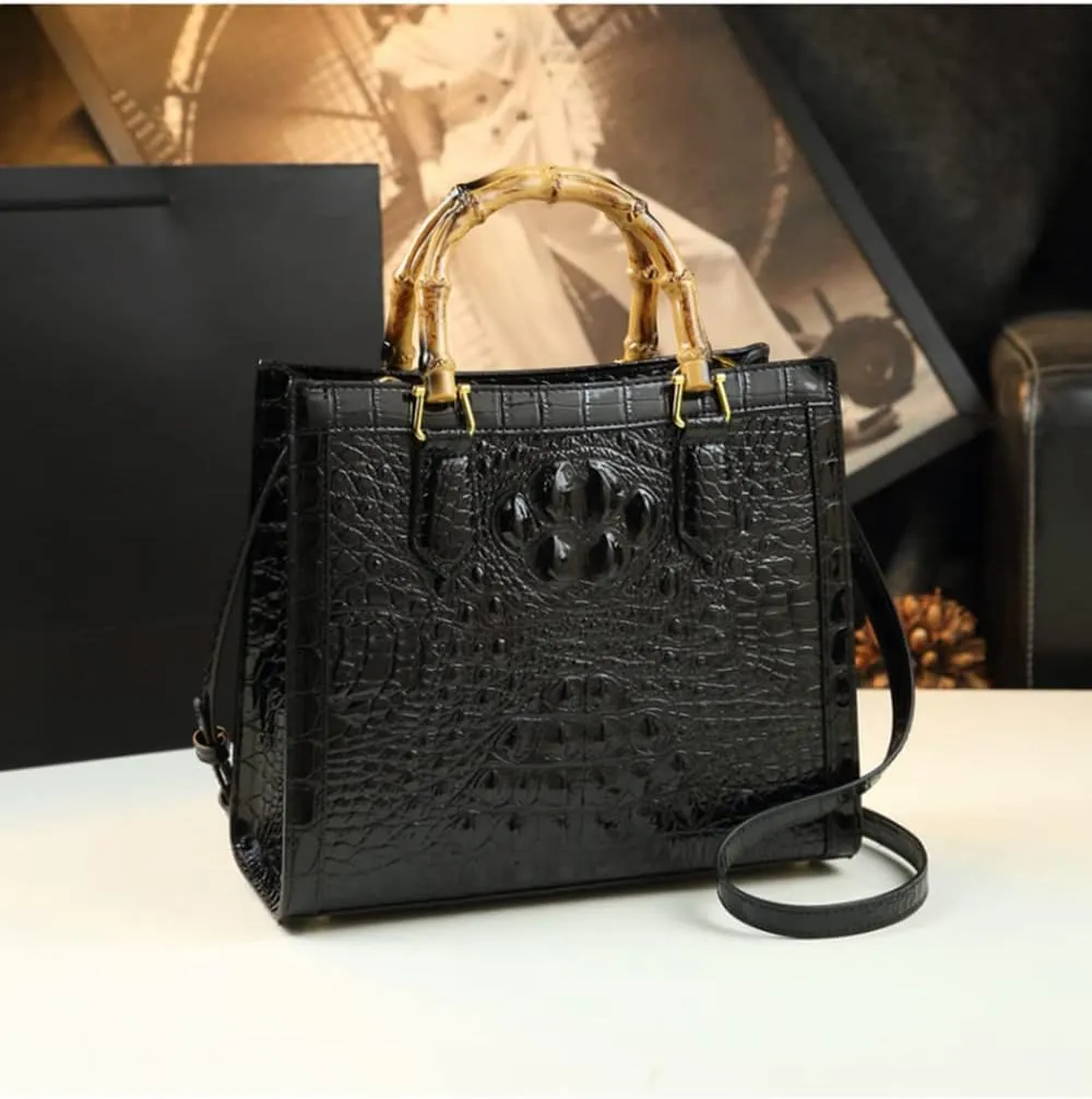 Crocodile Pattern Leather Women's Bag Bamboo Top-Handle Satchel Handbags Portable Tote Bag Shoulder Messenger Bags