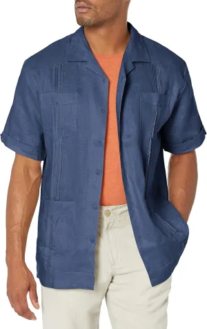 Cubavera Men's 100% Linen Short Sleeve Button-Down Guayabera Shirt, Four Pockets, Camp Collar, Pintuck Detail, Lightweight