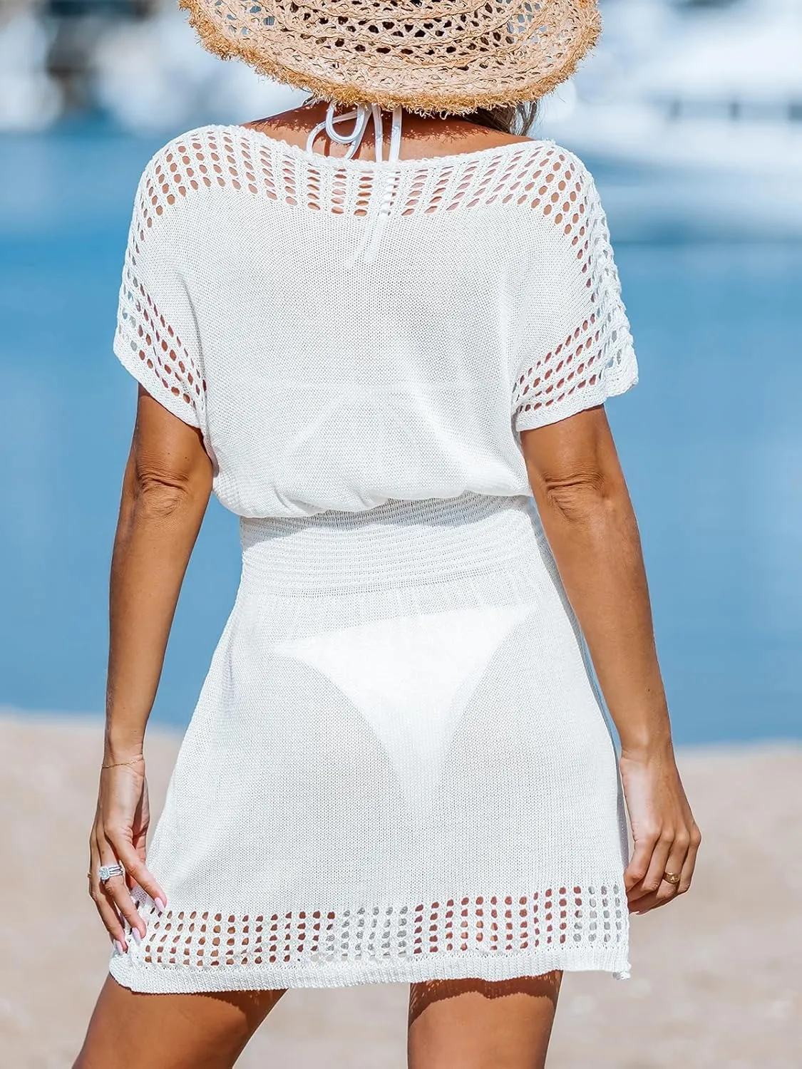 CUPSHE Women Crochet Swim Cover Up Short Sleeve V Neck Bathing Suit Beach Dress Summer Swimwear Coverups