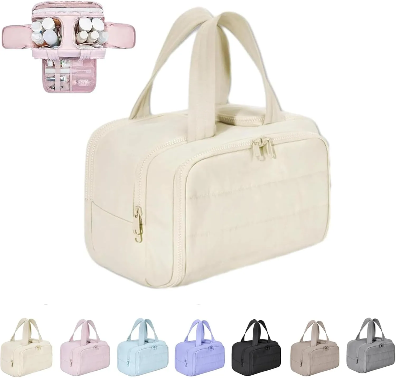 Curetoaway Travel Cosmetic Bag,Large Capacity Wide-Open Travel Cosmetic Bag, Open Flat Toiletry Bags, Cute Toaway Puffer Makeup for Women with Divider and Handle, Compact Organizer (Beige)
