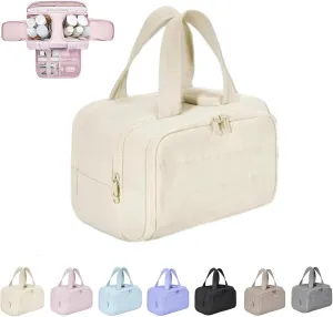 Curetoaway Travel Cosmetic Bag,Large Capacity Wide-Open Travel Cosmetic Bag, Open Flat Toiletry Bags, Cute Toaway Puffer Makeup for Women with Divider and Handle, Compact Organizer (Beige)