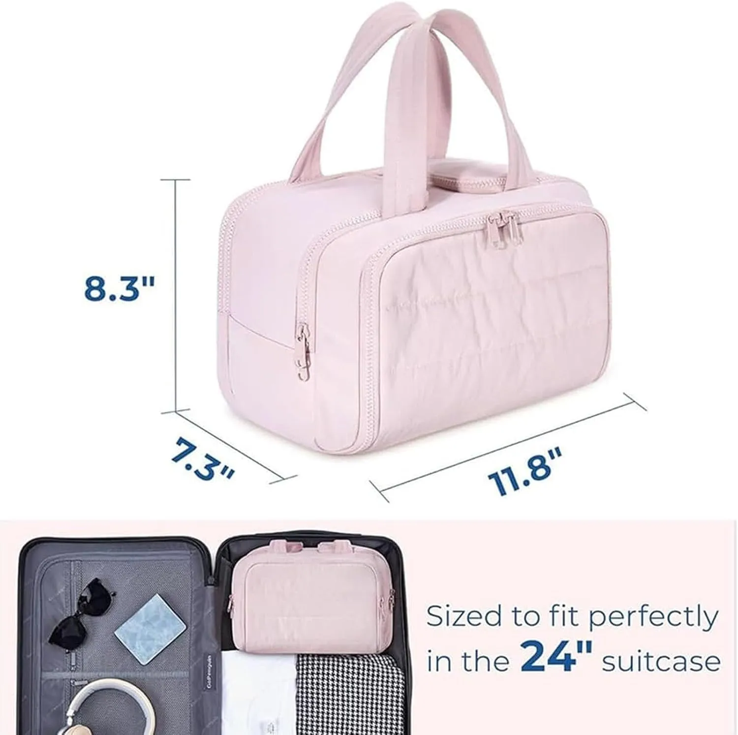 Curetoaway Travel Cosmetic Bag,Large Capacity Wide-Open Travel Cosmetic Bag, Open Flat Toiletry Bags, Cute Toaway Puffer Makeup for Women with Divider and Handle, Compact Organizer (Beige)