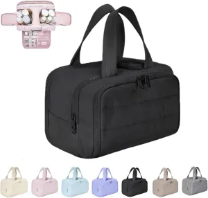 Curetoaway Travel Cosmetic Bag,Large Capacity Wide-Open Travel Cosmetic Bag, Open Flat Toiletry Bags, Cute Toaway Puffer Makeup for Women with Divider and Handle, Compact Organizer (Black)