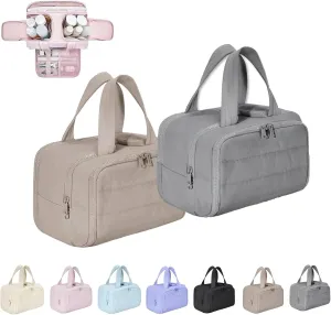 Curetoaway Travel Cosmetic Bag,Large Capacity Wide-Open Travel Cosmetic Bag, Open Flat Toiletry Bags, Cute Toaway Puffer Makeup for Women with Divider and Handle, Compact Organizer (Color-A)