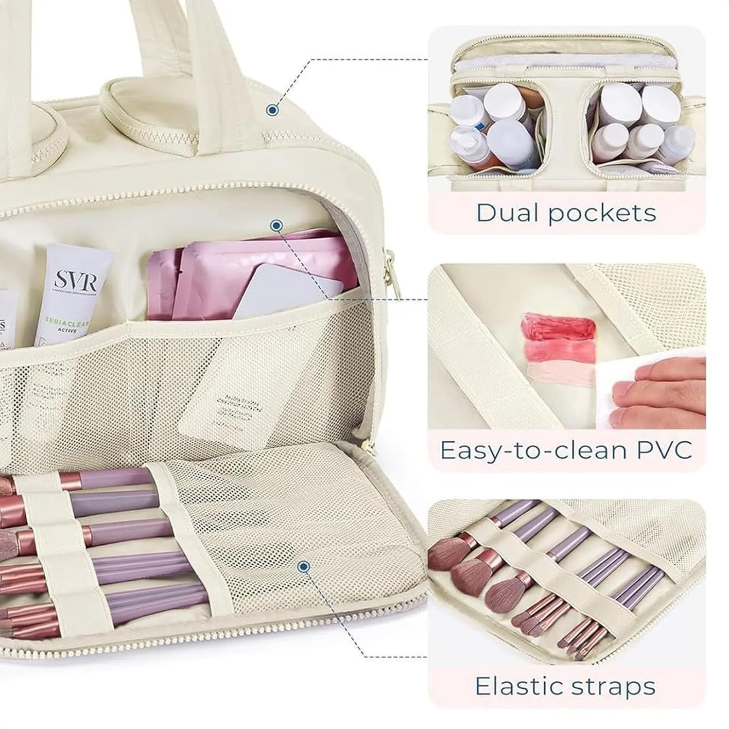 Curetoaway Travel Cosmetic Bag,Large Capacity Wide-Open Travel Cosmetic Bag, Open Flat Toiletry Bags, Cute Toaway Puffer Makeup for Women with Divider and Handle, Compact Organizer (Color-A)