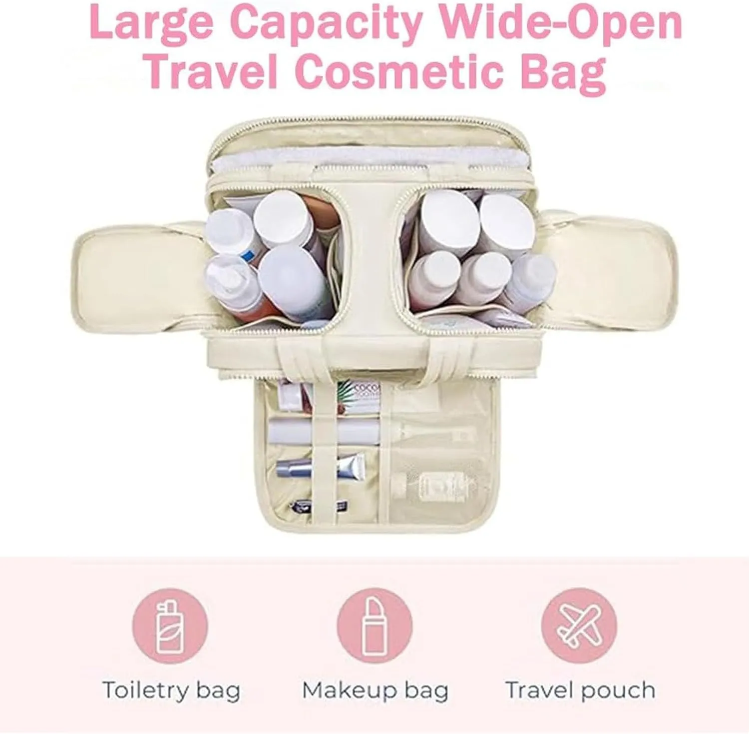 Curetoaway Travel Cosmetic Bag,Large Capacity Wide-Open Travel Cosmetic Bag, Open Flat Toiletry Bags, Cute Toaway Puffer Makeup for Women with Divider and Handle, Compact Organizer (Color-A)