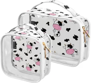 Cute Cow 2 Pieces Clear Makeup Cosmetic Bags for Traveling Vacation Organizing, Toiletry Bags for Women Men, PVC Waterproof Travel Organizer