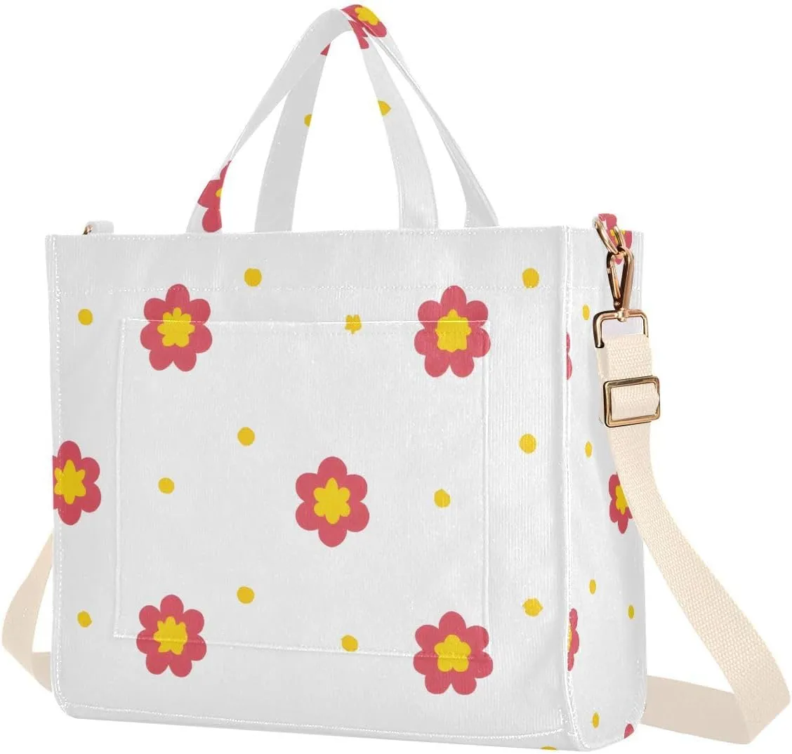 Cute Flowers and Dots Corduroy Tote Bag for Women Hobo Crossbody Bag Purse Stylish Shoulder Handbag Messenger Bags, S