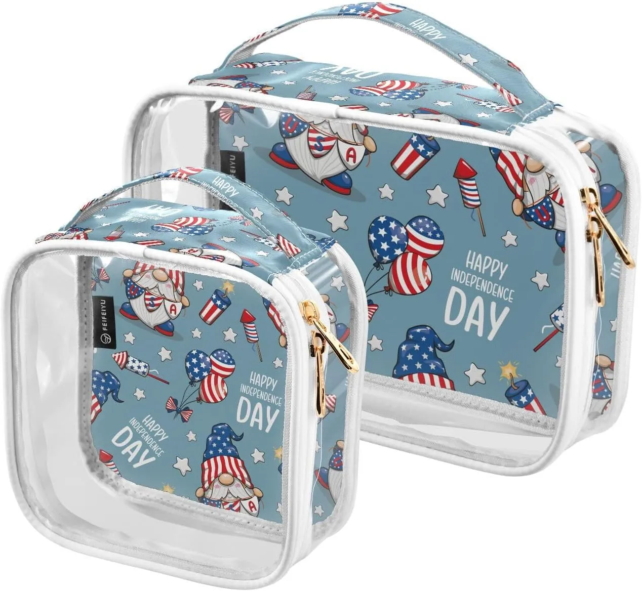 Cute Gnome Cartoon 2 Pieces Clear Makeup Cosmetic Bags for Traveling Vacation Organizing, Toiletry Bags for Women Men, PVC Waterproof Travel Organizer
