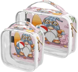 Cute Gnome Flamingo Cartoon 2 Pieces Clear Makeup Cosmetic Bags for Traveling Vacation Organizing, Toiletry Bags for Women Men, PVC Waterproof Travel Organizer