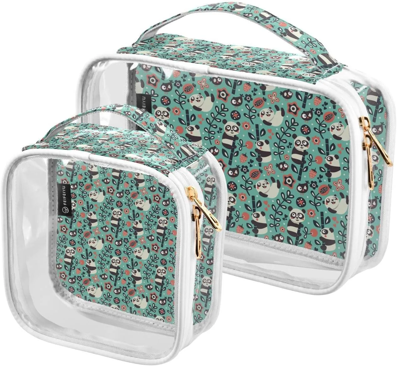 Cute Pattern with Pandas 2 Pieces Clear Makeup Cosmetic Bags for Traveling Vacation Organizing, Toiletry Bags for Women Men, PVC Waterproof Travel Organizer