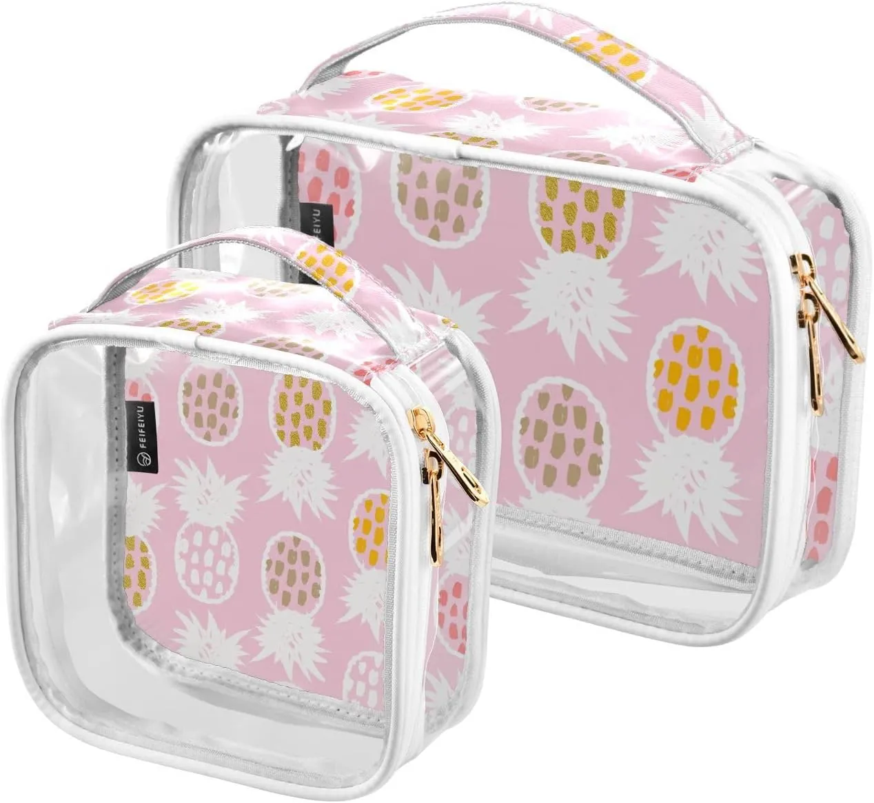 Cute-pineapple-pattern 2 Pieces Clear Makeup Cosmetic Bags for Traveling Vacation Organizing, Toiletry Bags for Women Men, PVC Waterproof Travel Organizer