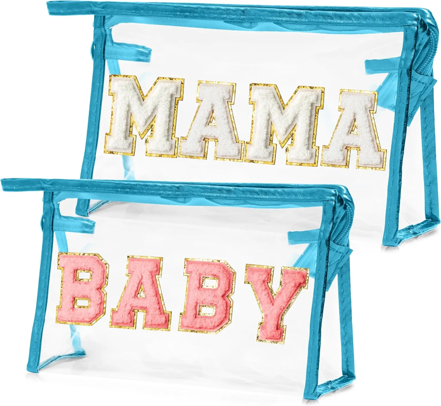 CY2SIDE MAMA Baby Bag Set - 2PCS Clear MAMA Letter Patch Makeup Bag with Handle for Travel Cosmetic Pouch for Toiletries Waterproof Travel Organizer Baby Reveal Gift Mothers Day Gift Blue