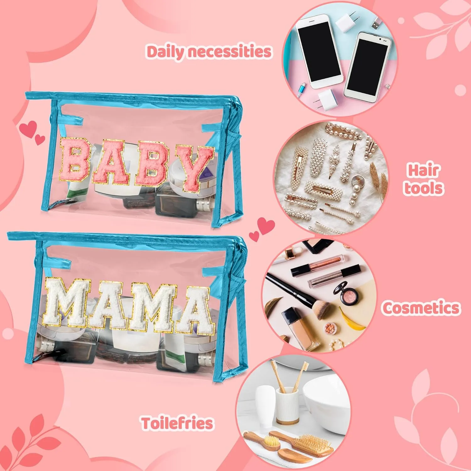 CY2SIDE MAMA Baby Bag Set - 2PCS Clear MAMA Letter Patch Makeup Bag with Handle for Travel Cosmetic Pouch for Toiletries Waterproof Travel Organizer Baby Reveal Gift Mothers Day Gift Blue