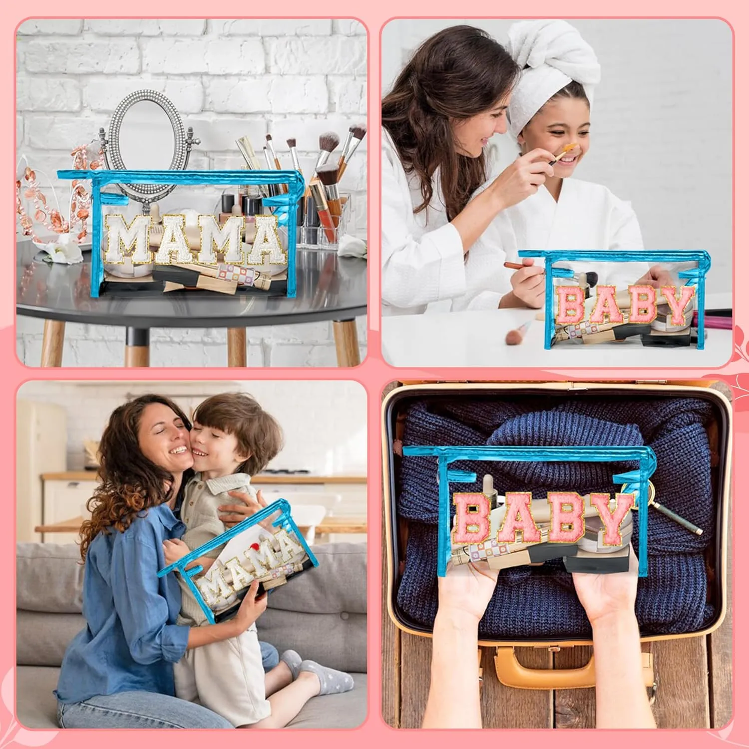 CY2SIDE MAMA Baby Bag Set - 2PCS Clear MAMA Letter Patch Makeup Bag with Handle for Travel Cosmetic Pouch for Toiletries Waterproof Travel Organizer Baby Reveal Gift Mothers Day Gift Blue