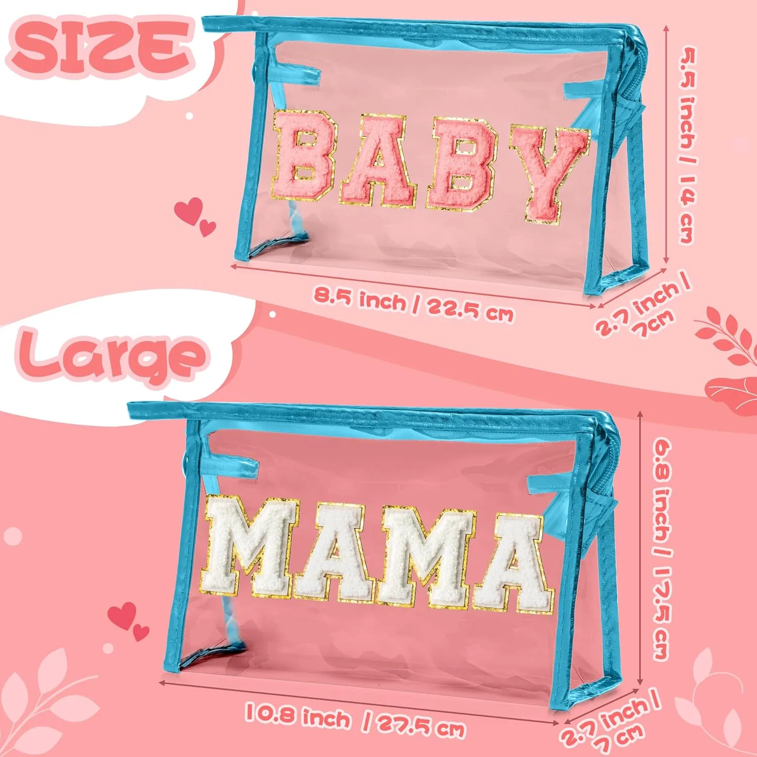 CY2SIDE MAMA Baby Bag Set - 2PCS Clear MAMA Letter Patch Makeup Bag with Handle for Travel Cosmetic Pouch for Toiletries Waterproof Travel Organizer Baby Reveal Gift Mothers Day Gift Blue