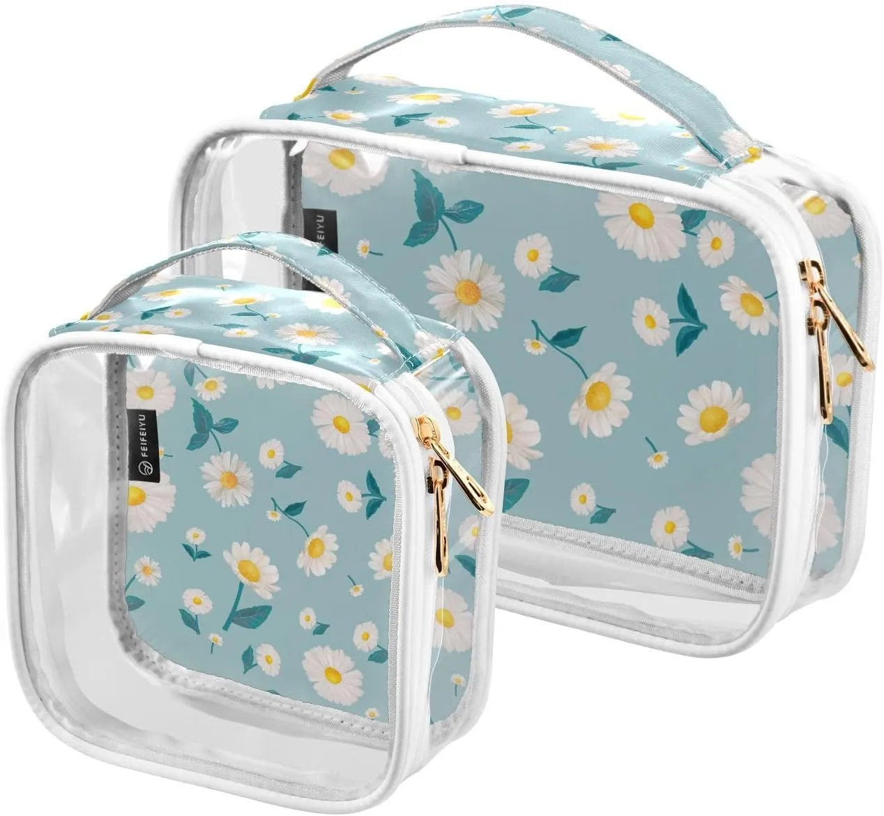 Daisy-patterned 2 Pieces Clear Makeup Cosmetic Bags for Traveling Vacation Organizing, Toiletry Bags for Women Men, PVC Waterproof Travel Organizer