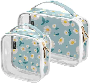 Daisy-patterned 2 Pieces Clear Makeup Cosmetic Bags for Traveling Vacation Organizing, Toiletry Bags for Women Men, PVC Waterproof Travel Organizer
