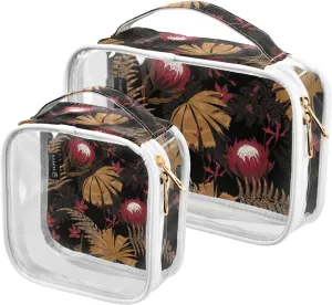 Dark-floral-pattern 2 Pieces Clear Makeup Cosmetic Bags for Traveling Vacation Organizing, Toiletry Bags for Women Men, PVC Waterproof Travel Organizer