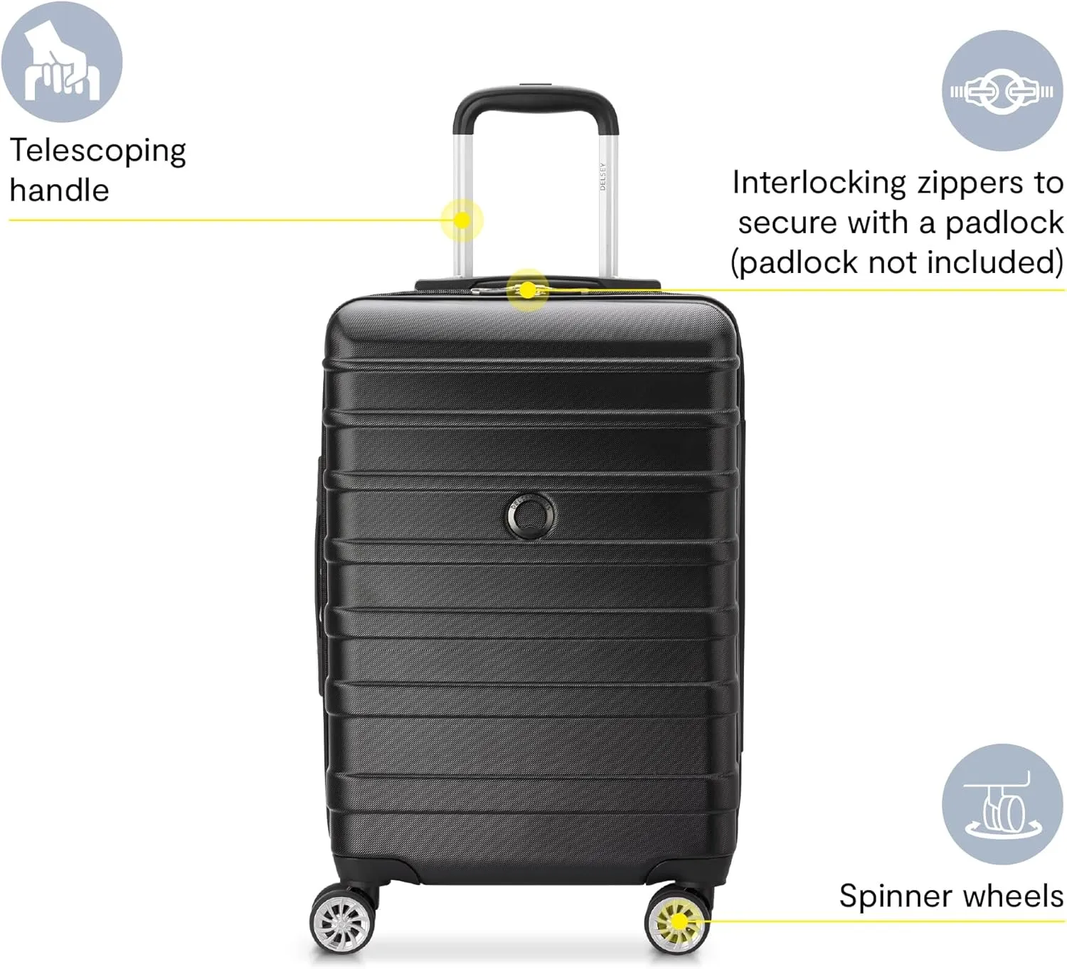 DELSEY PARIS Margot Hardside Luggage, Dual Wheel Spinners for Smooth Travel, Expandable with Spacious & Organizable compartments, Men and Women, Black, Carry-On 20-Inch