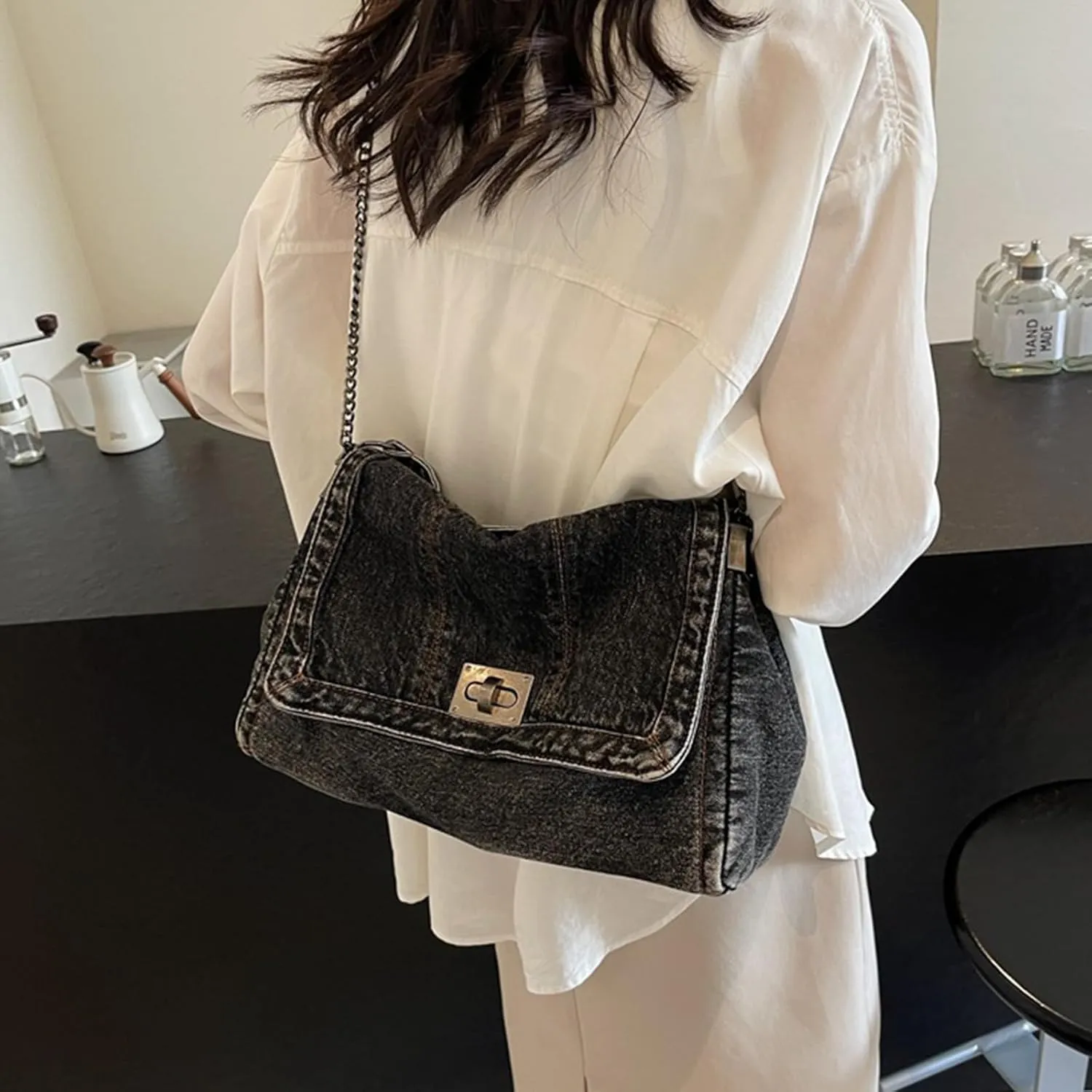 Denim Purse for Women Jean Purses Tote Bag for Womens Handbags Work Bags Jean Shoulder Bag Trendy Crossbody Bags