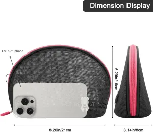 DOB SEHCS Small Mesh Makeup Bag for Purse Thickened Mesh Cosmetic Bags with Colored Zipper Women Cute Mini Toiletry Pouch for Travel, Daily Accessories Organizer Pencil Case, Black, Semi-circular