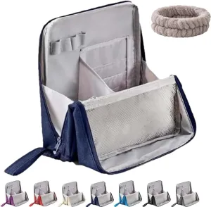Doresty Makeup Bag with Compartments, Portable Multi-purpose Large Capacity Standing Cosmetic Bag, Travel Waterproof Spacious Vertical Toiletry Organizer (Navy Blue-Oxford Cloth)