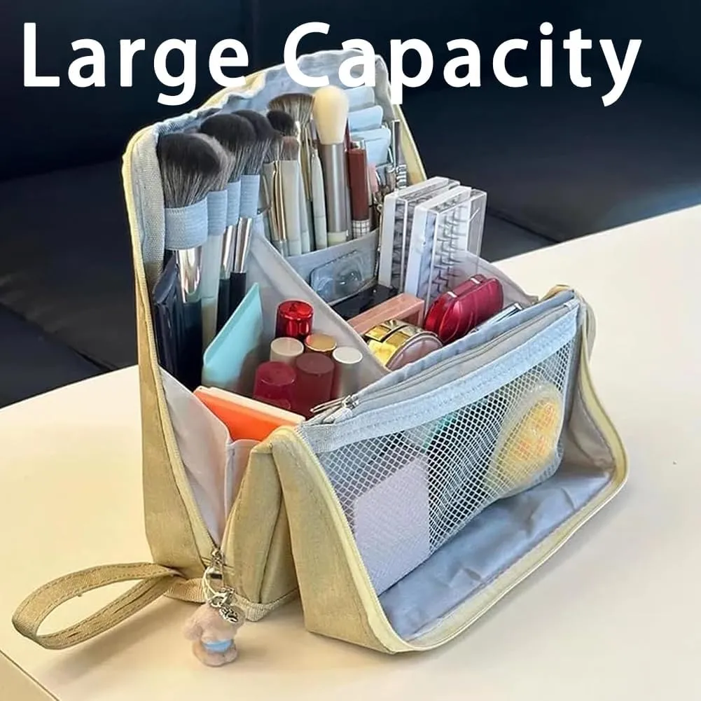 Doresty Makeup Bag with Compartments, Portable Multi-purpose Large Capacity Standing Cosmetic Bag, Travel Waterproof Spacious Vertical Toiletry Organizer (Navy Blue-Oxford Cloth)