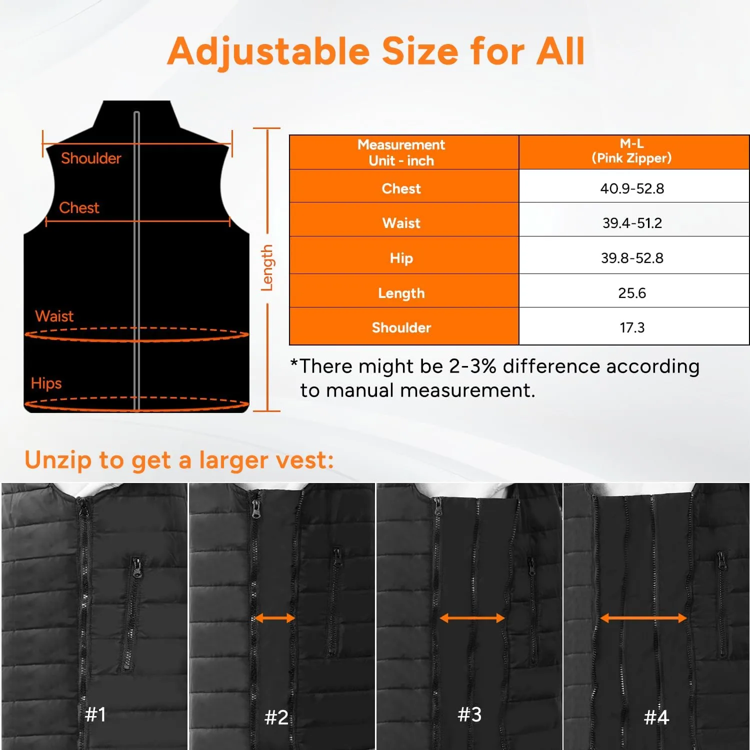 DR.PREPARE Heated Vest, Lightweight Heating Vest, 3 Heat Levels, 6 Heat Zones, Adjustable Size (Battery Not Included)