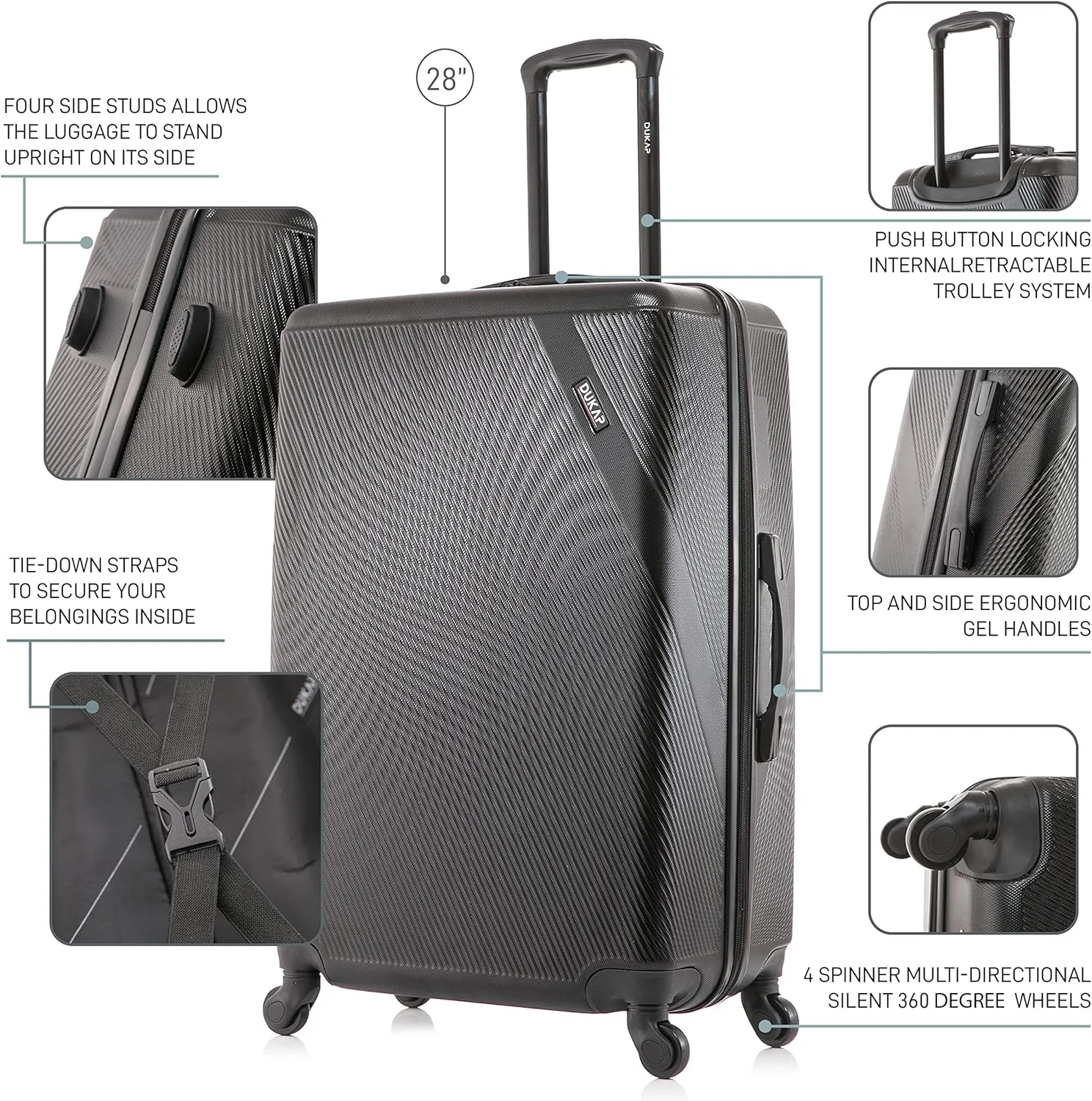 DUKAP DISCOVERY Luggage with Spinner Wheels | Spacious Durable Lightweight Hardside Suitcase, Travel Bag with Handle and Trolley | 28-Inch Large Checked Luggage | Black