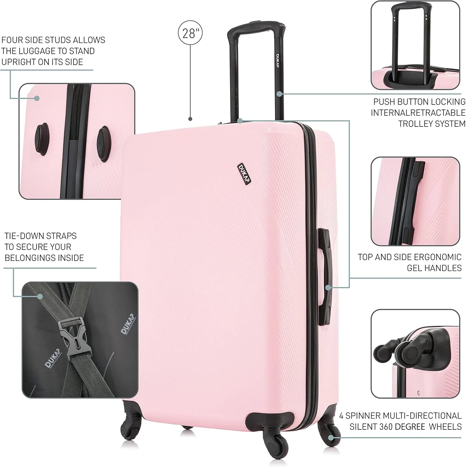 DUKAP DISCOVERY Luggage with Spinner Wheels | Spacious Durable Lightweight Hardside Suitcase, Travel Bag with Handle and Trolley | 28 Inch Large Checked Luggage | Pink