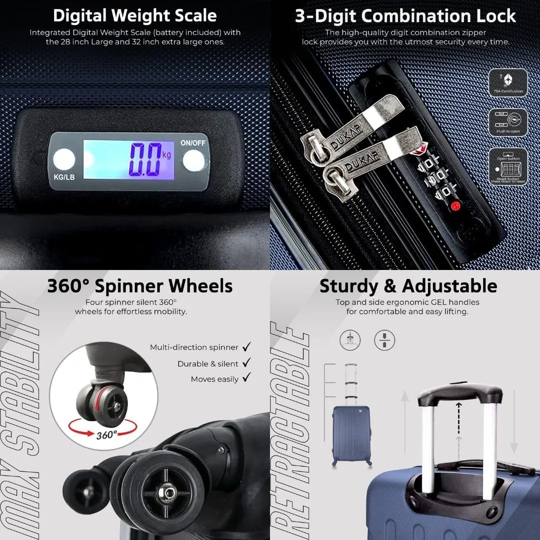 DUKAP INTELY Suitcase with Ergonomic GEL Handle | Spacious Hardside Travel Luggage with TSA Combination Lock and Digital Weight Scale | 28 Inch Medium Spinner Suitcase | Blue