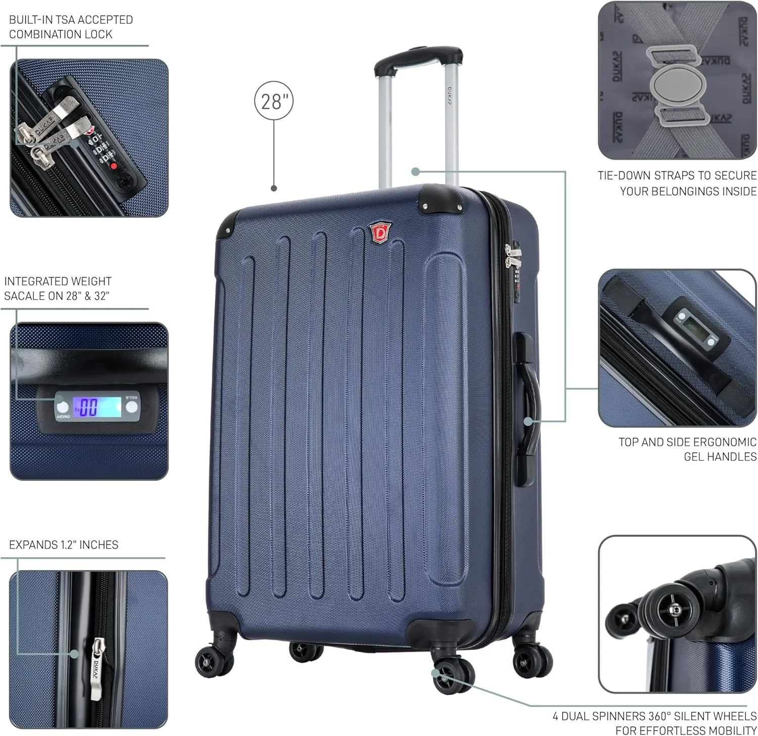 DUKAP INTELY Suitcase with Ergonomic GEL Handle | Spacious Hardside Travel Luggage with TSA Combination Lock and Digital Weight Scale | 28 Inch Medium Spinner Suitcase | Blue
