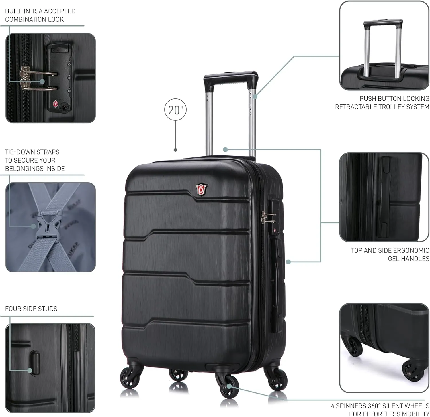 DUKAP RODEZ Hardside Luggage with Ergonomic Handles and TSA Lock | Spacious Traveling Suitcase Travel Suitcase with Four Spinner Wheels and Studs | 20 Inch Carry On Luggage | Black