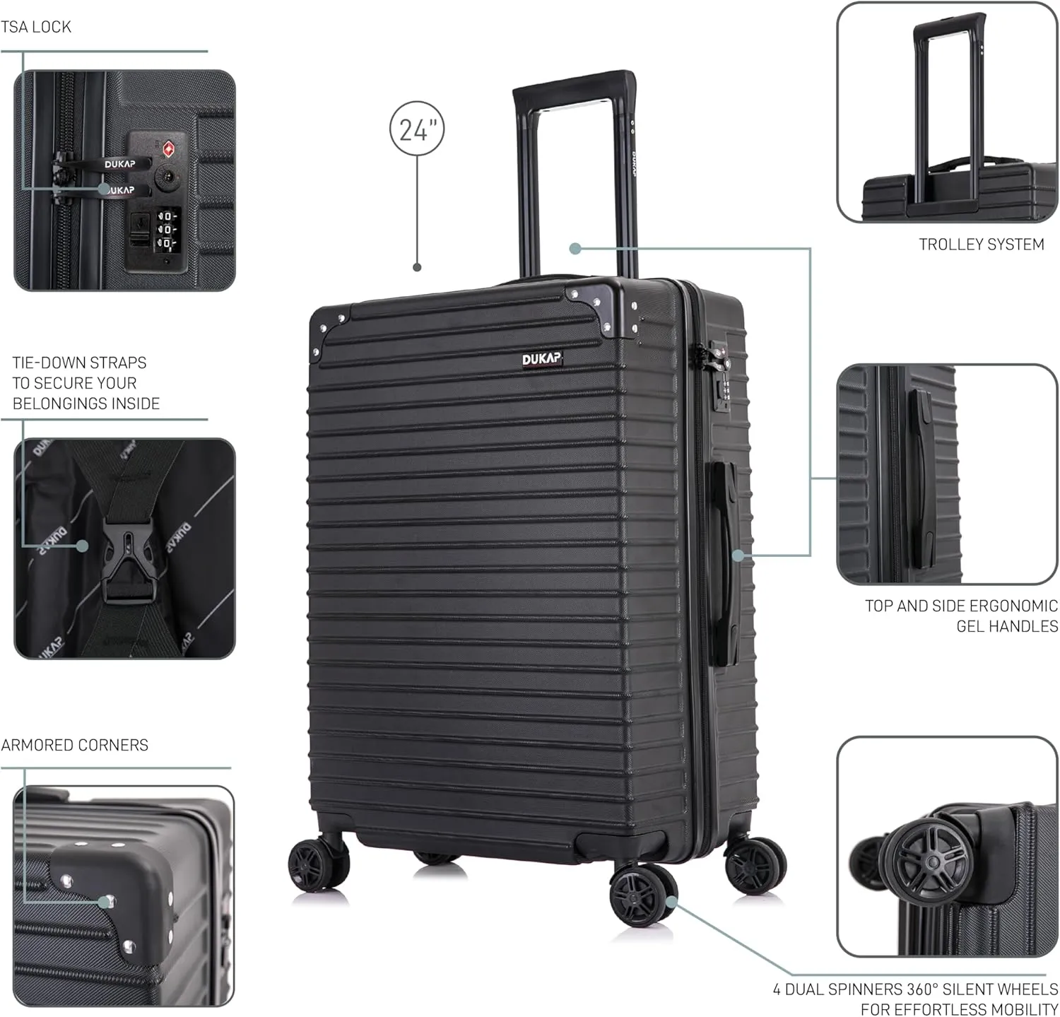 DUKAP TOUR Luggage With Ergonomic GEL Handle| Spacious Traveling Suitcase, Travel Suitcase with TSA Combination Lock | 24 Inch Medium Lightweight Spinner Luggage | Black