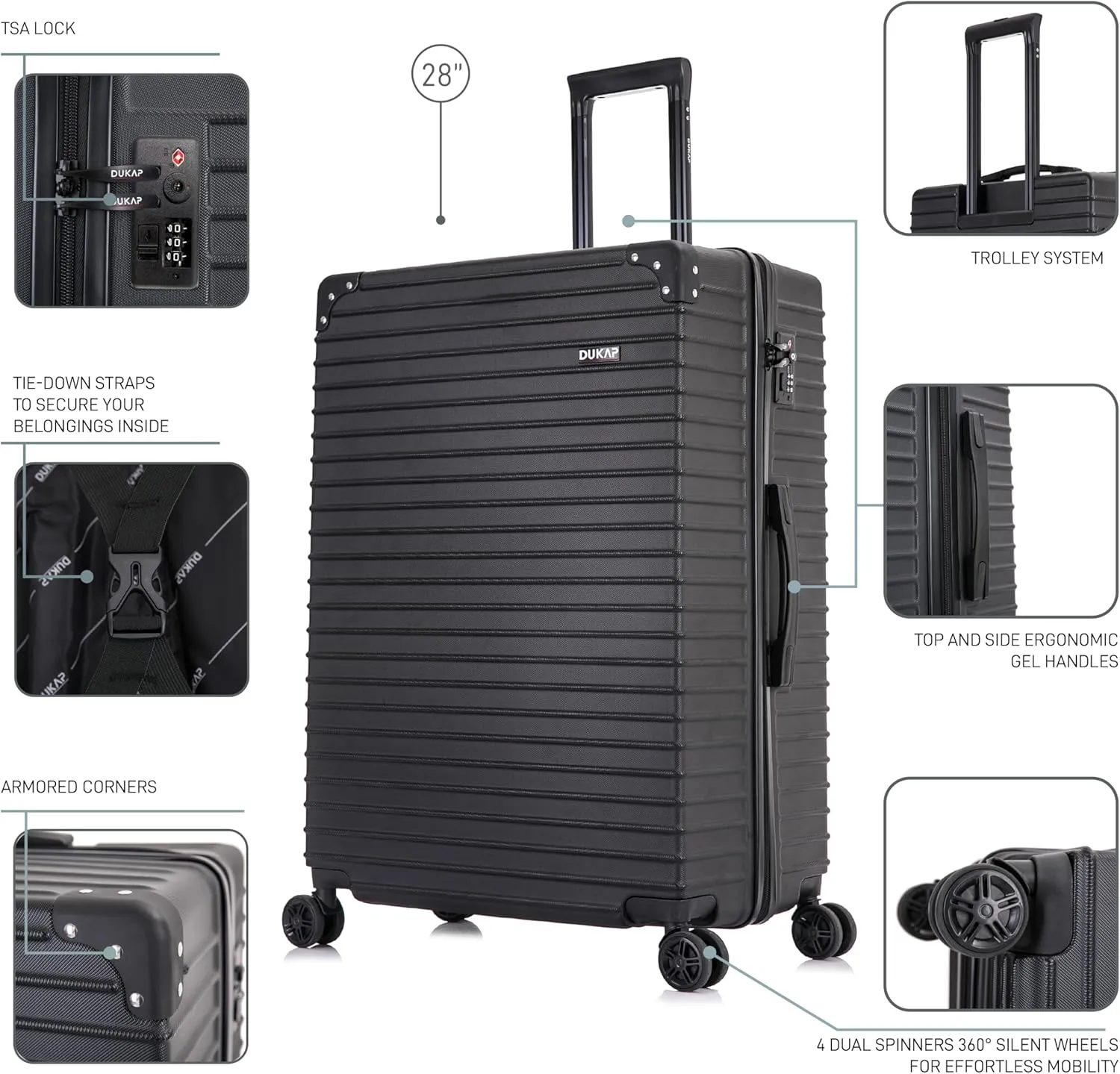 DUKAP TOUR Luggage With Ergonomic GEL Handle| Spacious Traveling Suitcase, Travel Suitcase with TSA Combination Lock | 28 Inch Large Lightweight Spinner Luggage | Black