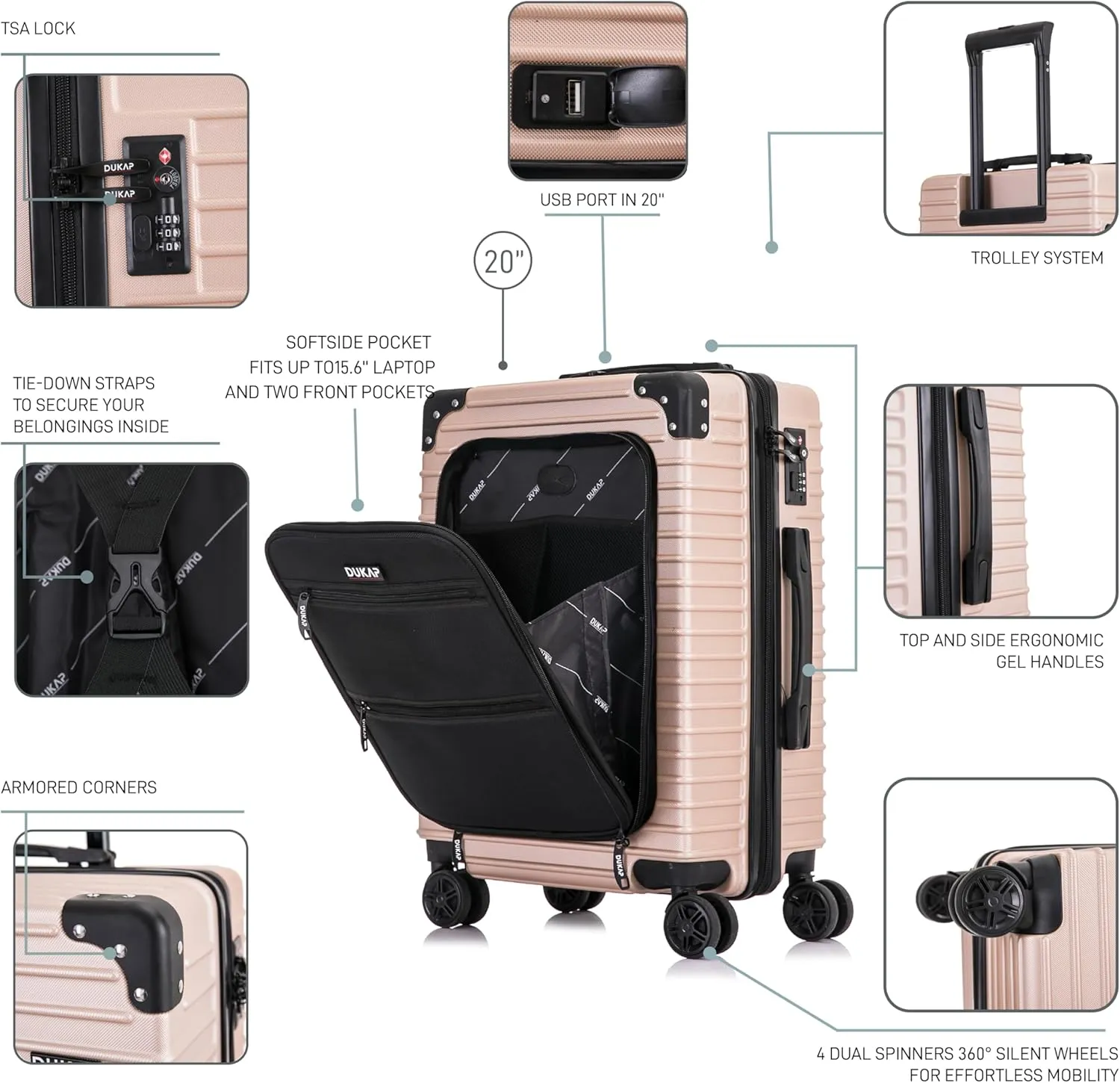 DUKAP TOUR Luggage with Integrated USB Port and Spinner Wheel | Spacious Travel Suitcase with TSA Lock and Ergonomic GEL Handle | 20 Inch Carry-On Hardside Luggage | Champagne